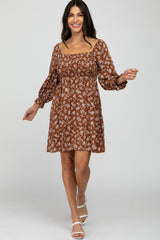 Brown Floral Smocked Smocked Maternity Dress