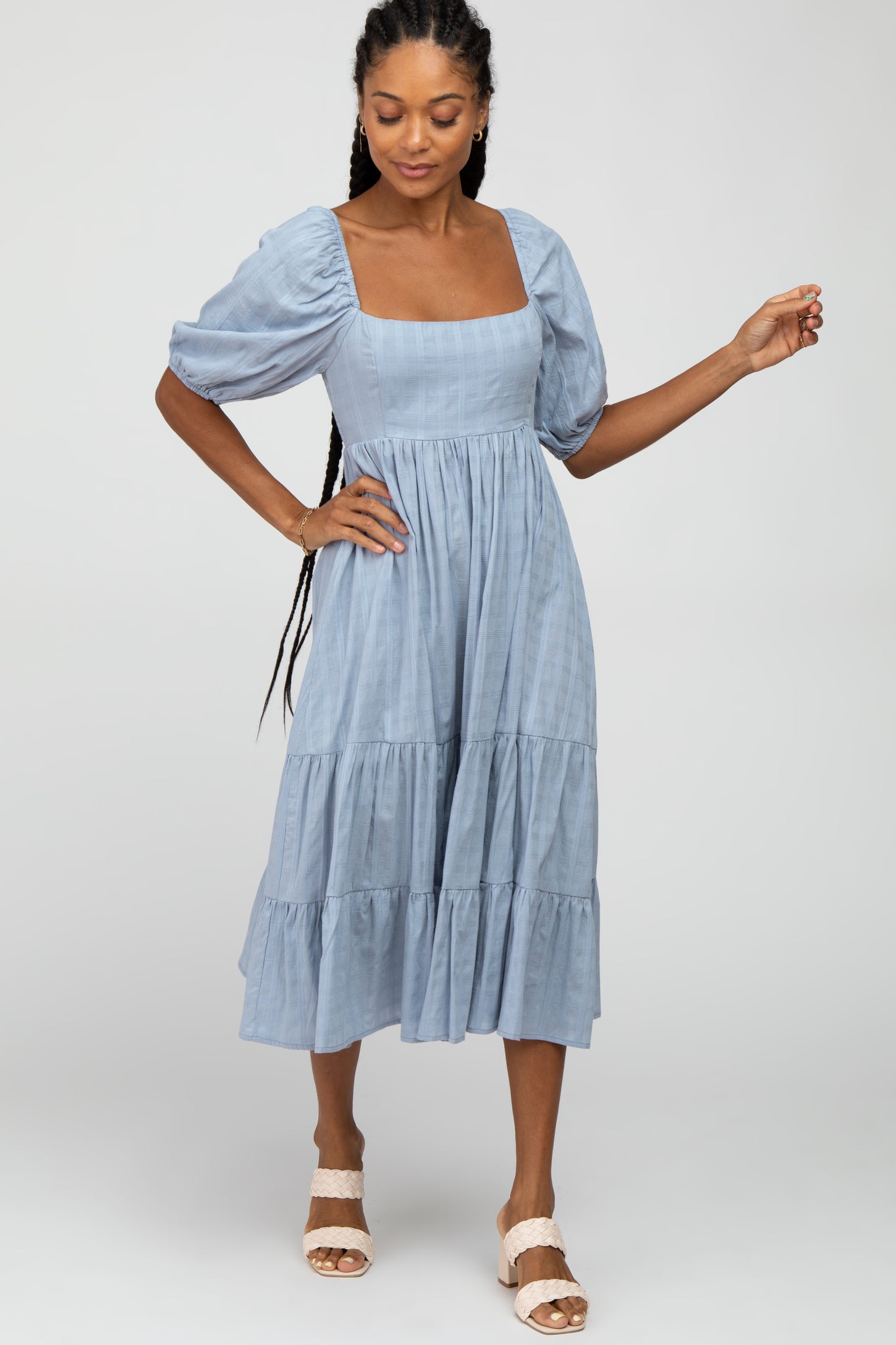 blue plaid maternity dress Summer Plaid Tiered Sleeveless Maternity Dress Blue / L