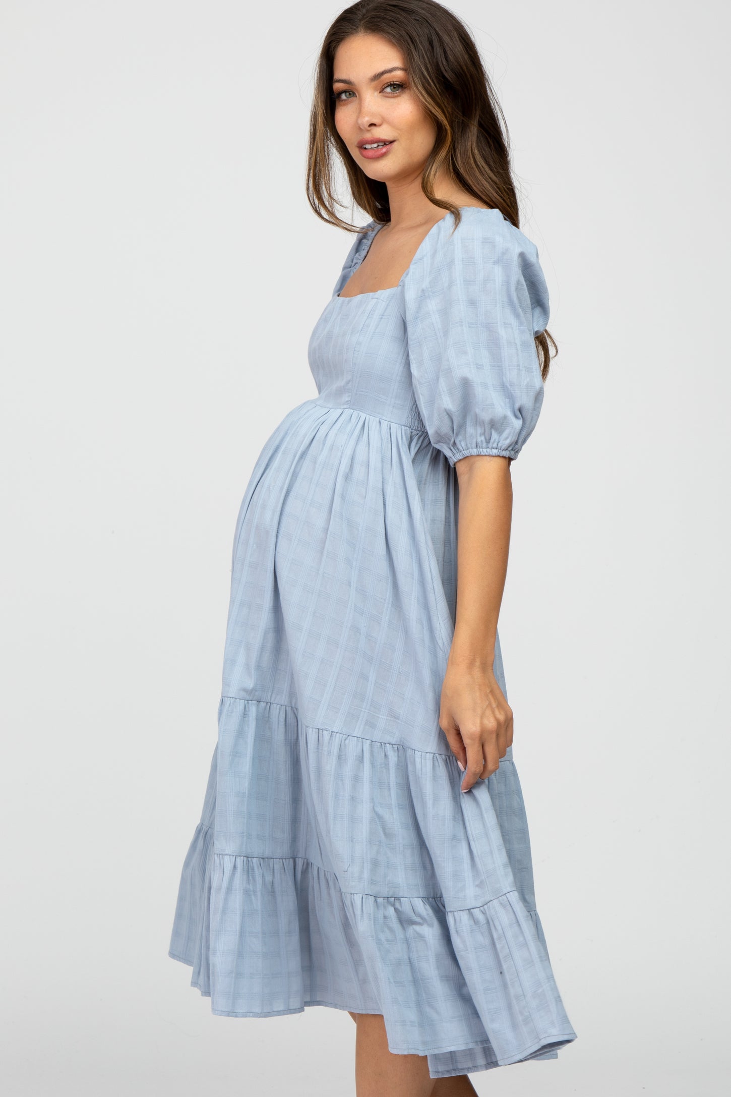 blue plaid maternity dress HATCH Collection The Audrey Dress in Blue Plaid