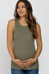Olive Ribbed Sleeveless Maternity Top