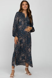 Dark Teal Floral V-Neck Side Slit Maternity Midi Dress