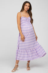 Lavender Plaid Smocked Maternity Midi Dress