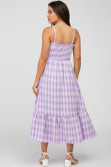 Lavender Plaid Smocked Maternity Midi Dress