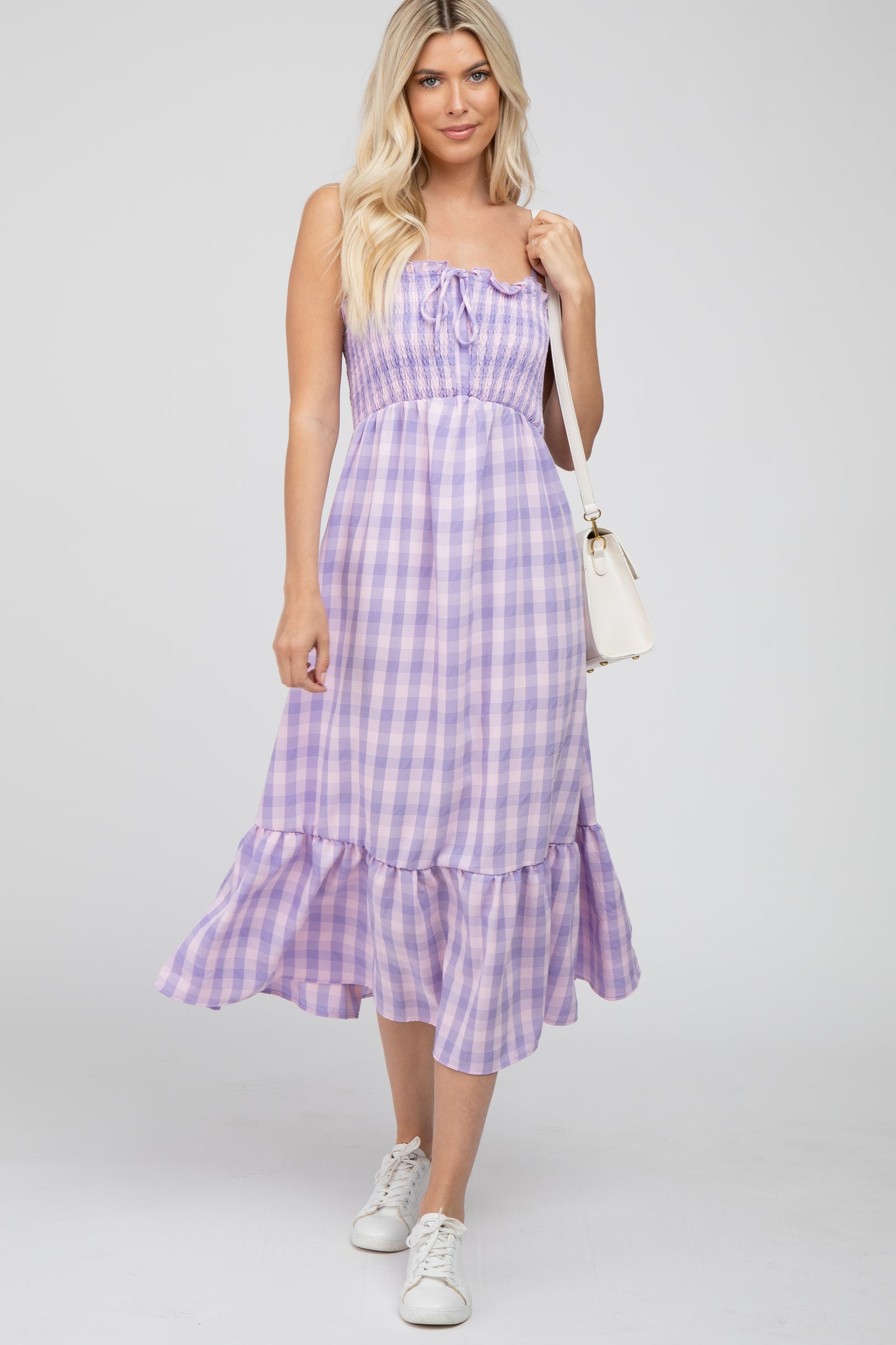 Lavender Plaid Smocked Maternity Midi Dress