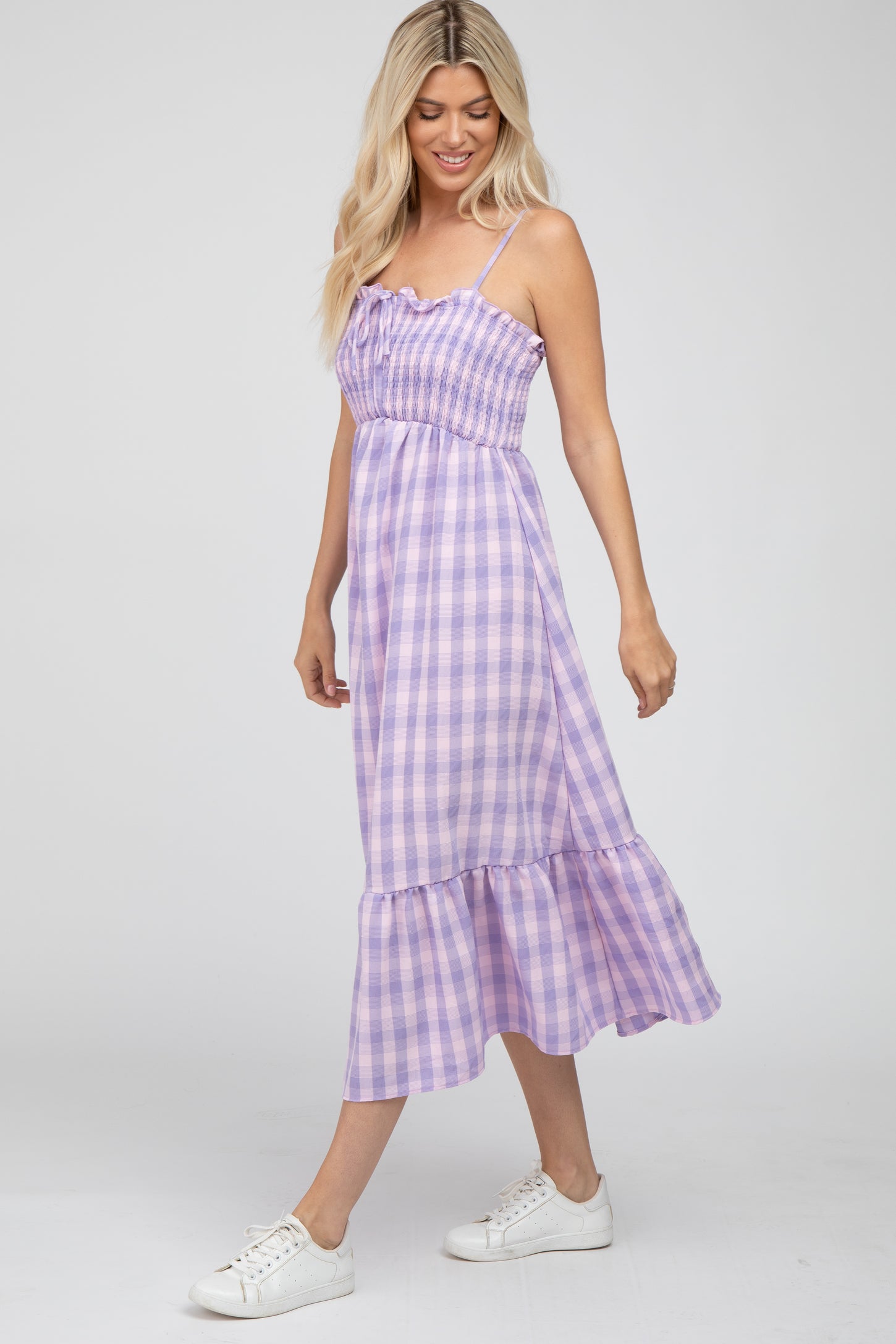 Lavender Plaid Smocked Midi Dress