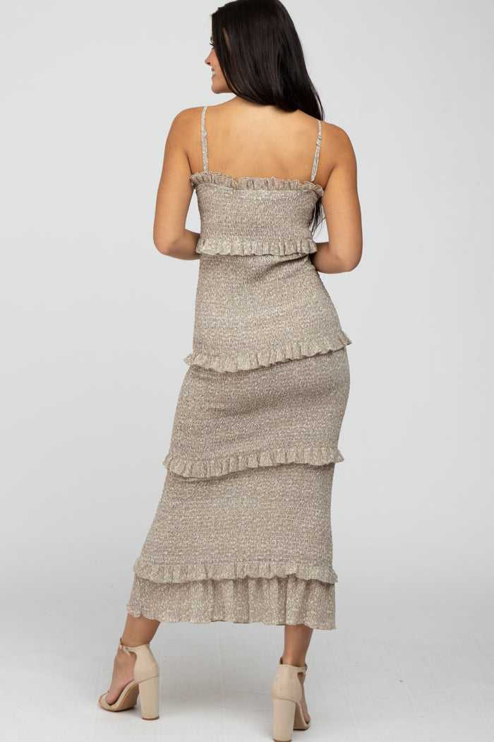 Taupe Leaf Print Smocked Fitted Midi Dress
