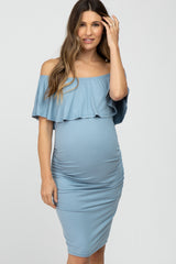 Light Blue Off Shoulder Fitted Maternity Dress