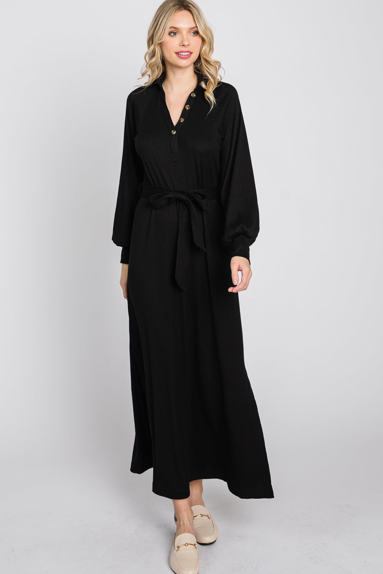 Black Button Accent Collared Maxi Dress