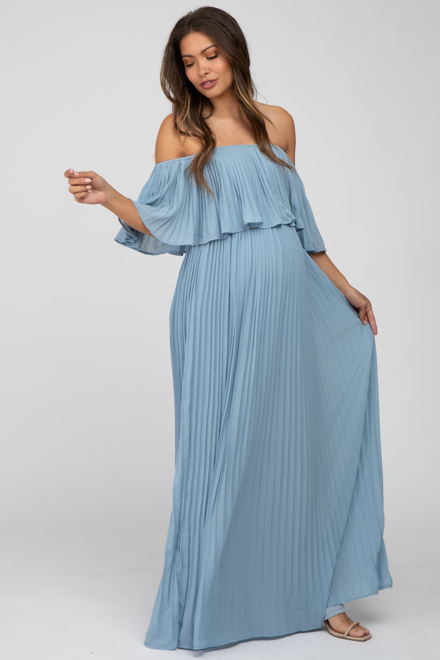 Light Blue Chiffon Pleated Off Shoulder Maternity Maxi Dress PinkBlush Light Blue Chiffon Pleated Off Shoulder Maternity Maxi Dress PinkBlush