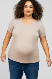 Taupe V-Neck Short Sleeve Maternity Plus Top