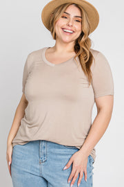 Taupe V-Neck Short Sleeve Plus Top