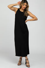 Black Solid Sleeveless Midi Dress