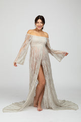 PinkBlush Taupe Lace Off Shoulder Maternity Photoshoot Gown/Dress