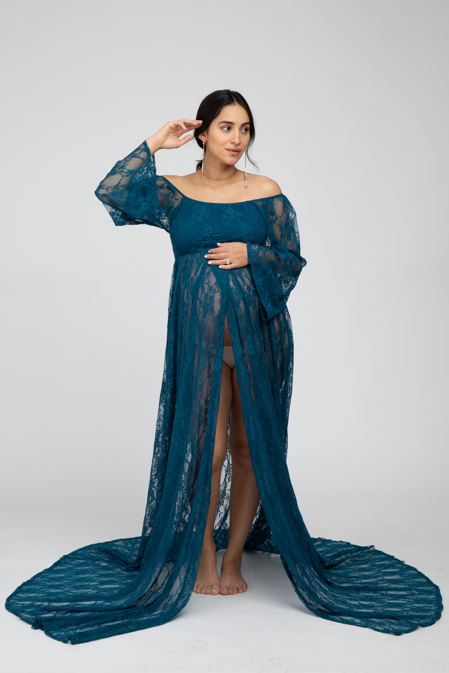 teal lace maternity dress fitted lace wedding dress Maternity Plunging Neck Long Sleeve Contrast Mesh Formal Dress Green / XL