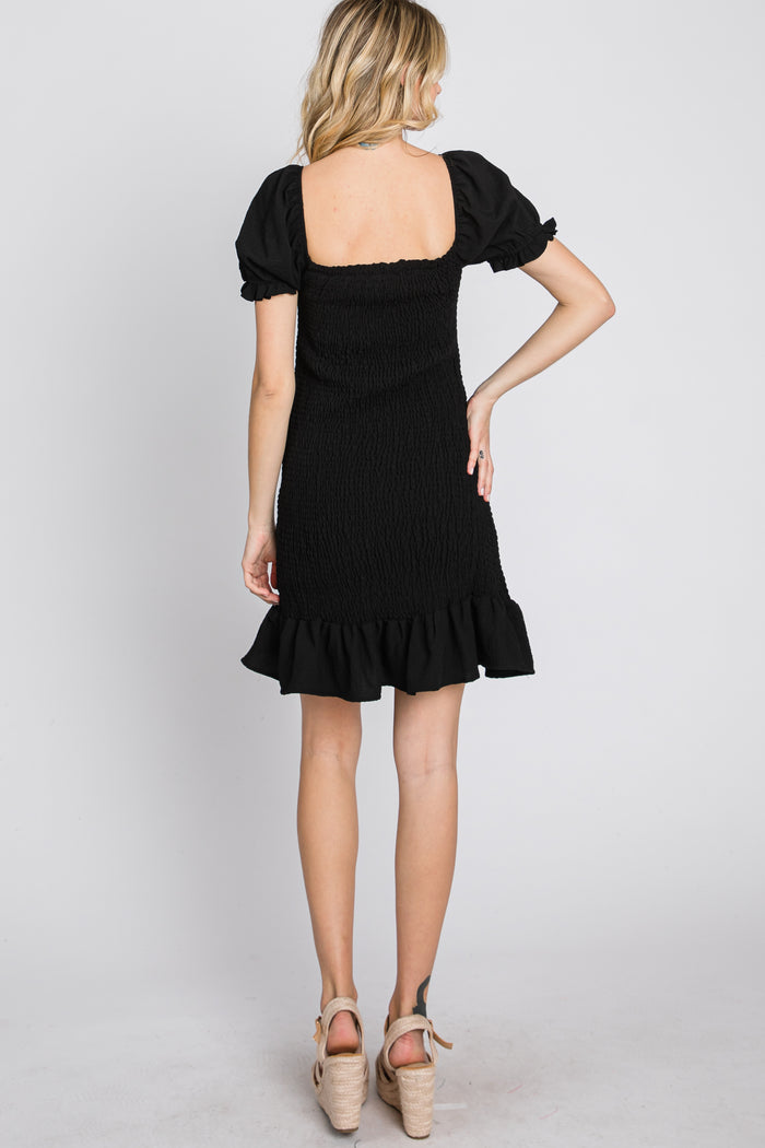 Black Smocked Puff Sleeve Dress