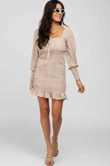 Cream Leaf Print Smocked Dress