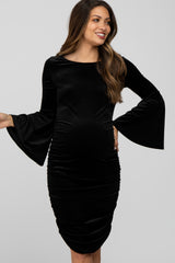 Black Velvet Ruched Bell Sleeve Maternity Dress
