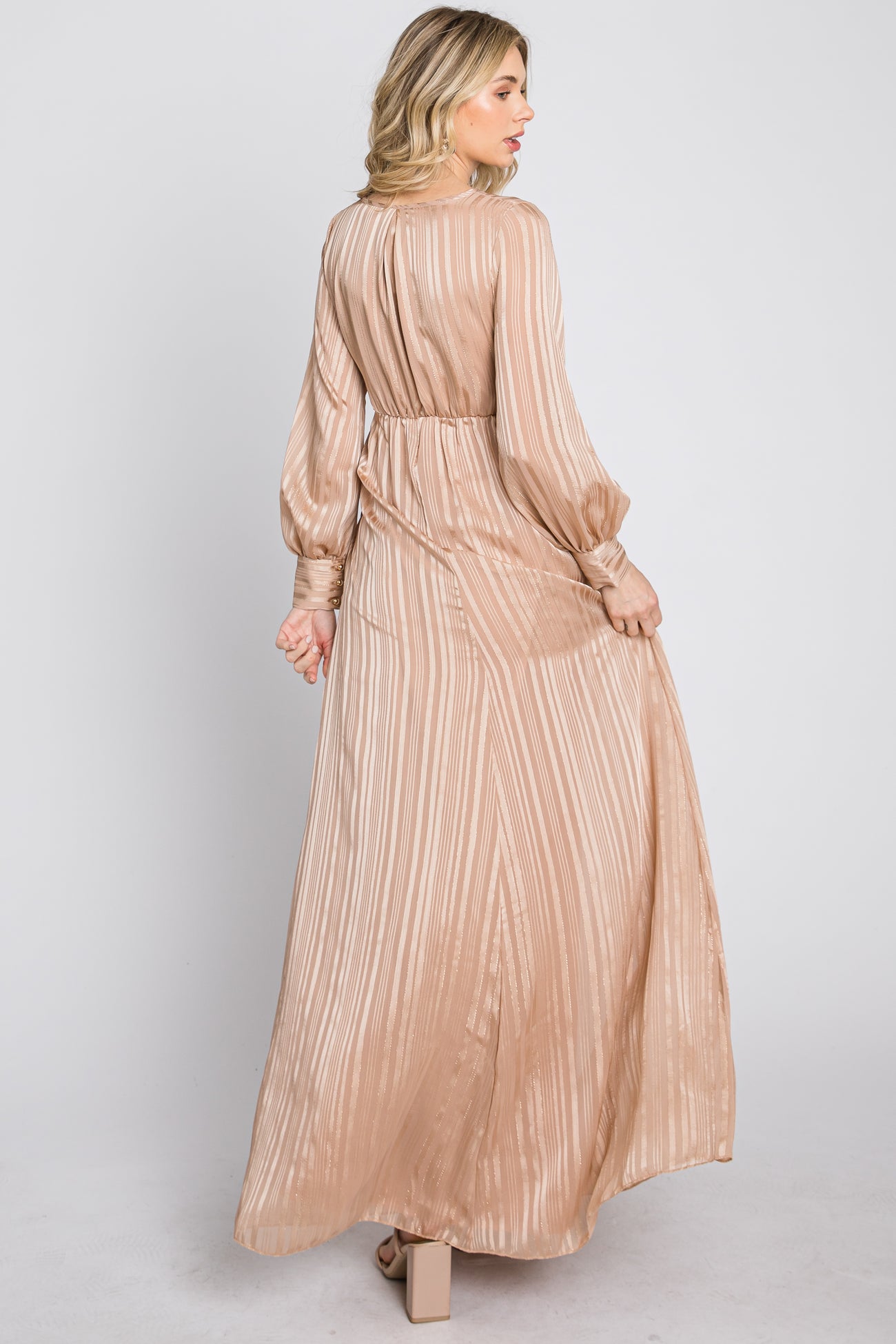 Taupe Striped Shimmer Chiffon Maxi Dress
