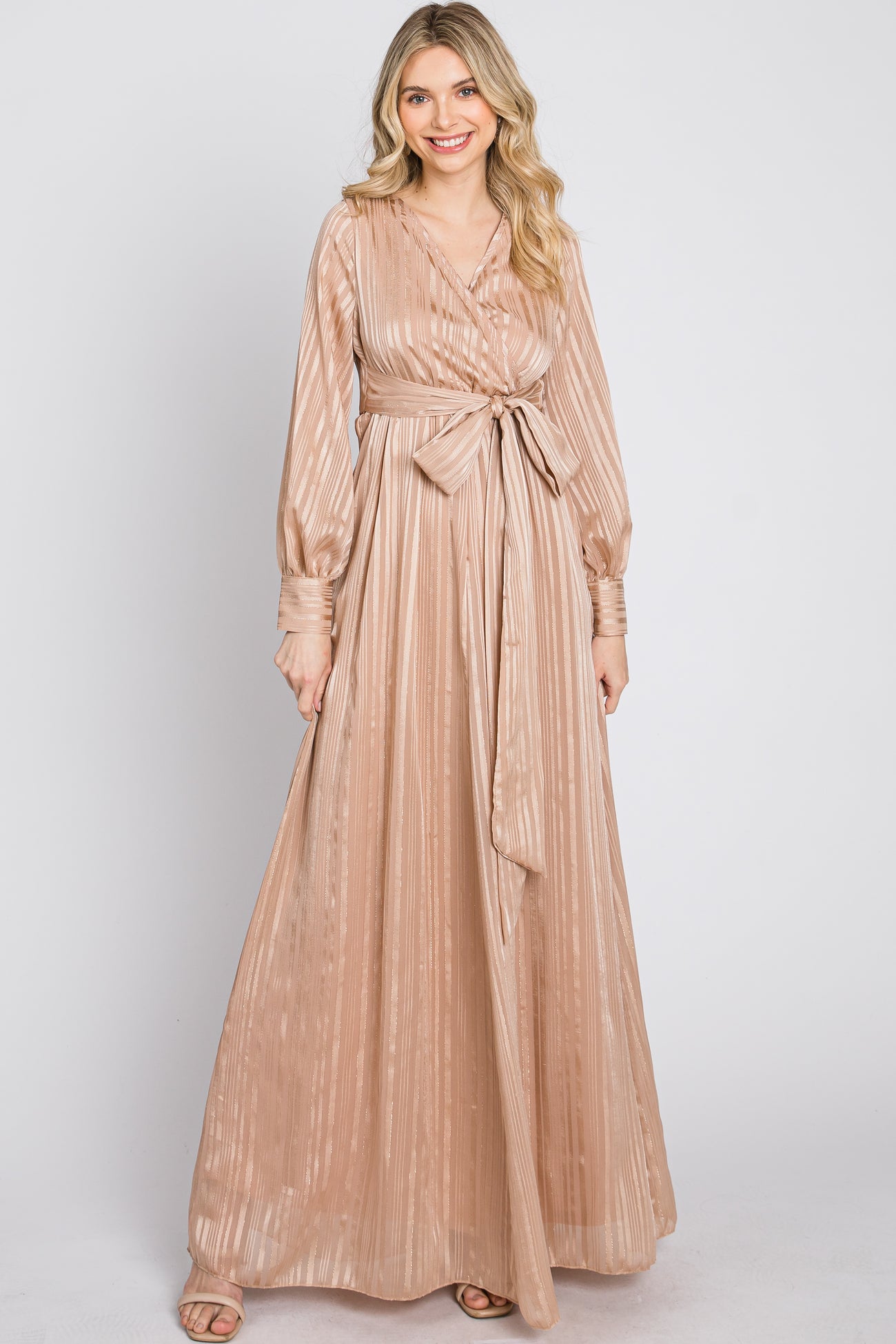 Taupe Striped Shimmer Chiffon Maxi Dress