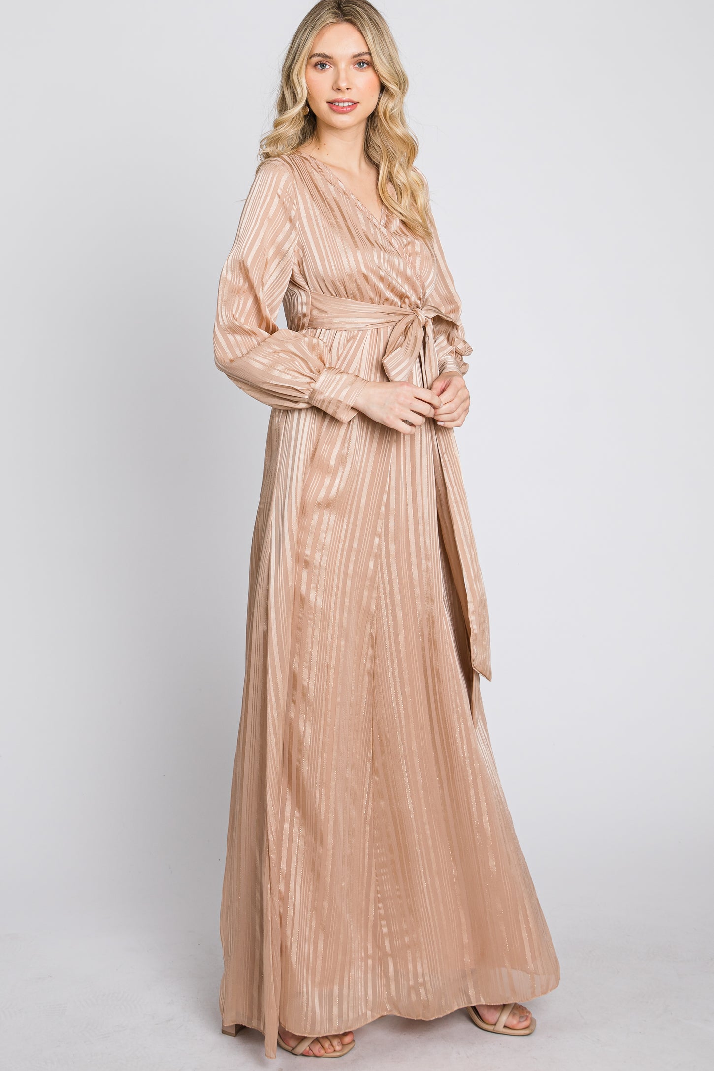 Taupe Striped Shimmer Chiffon Maxi Dress