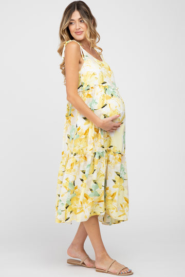 Yellow Floral Tiered Shoulder Tie Maternity Midi Dress