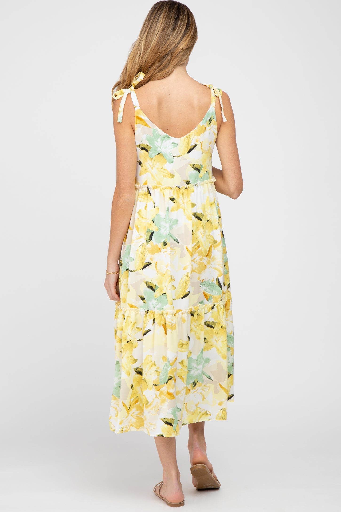 Yellow Floral Tiered Shoulder Tie Maternity Midi Dress