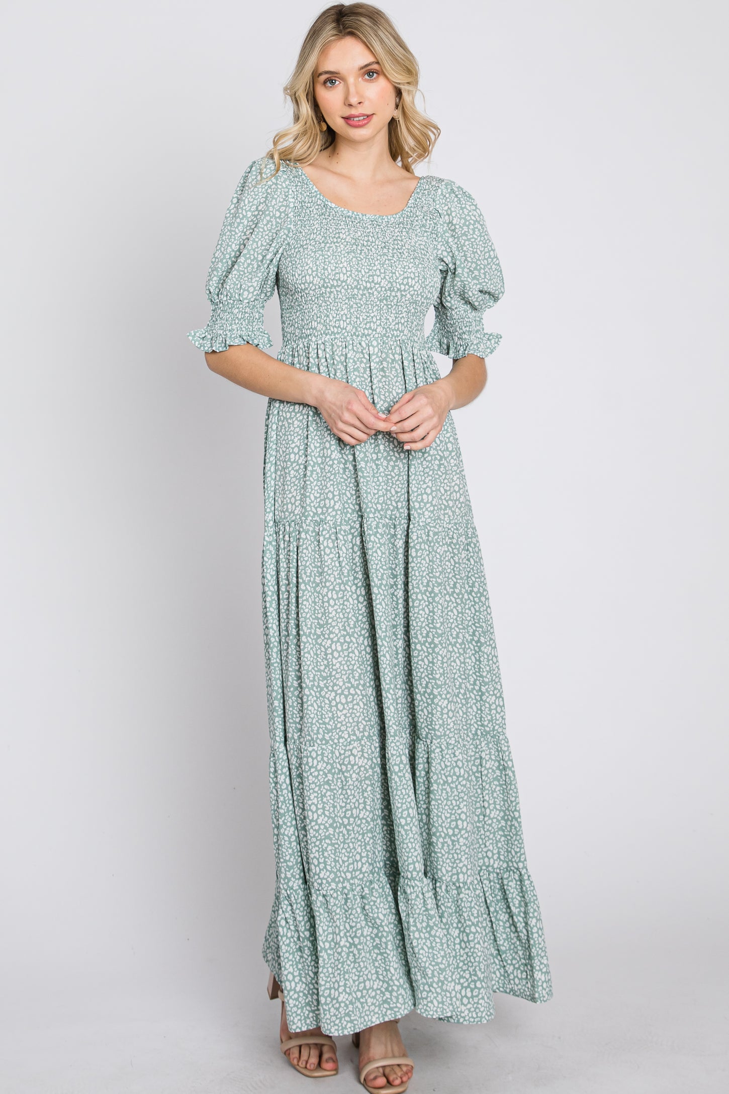 Mint Animal Print Smocked Tiered Maxi Dress