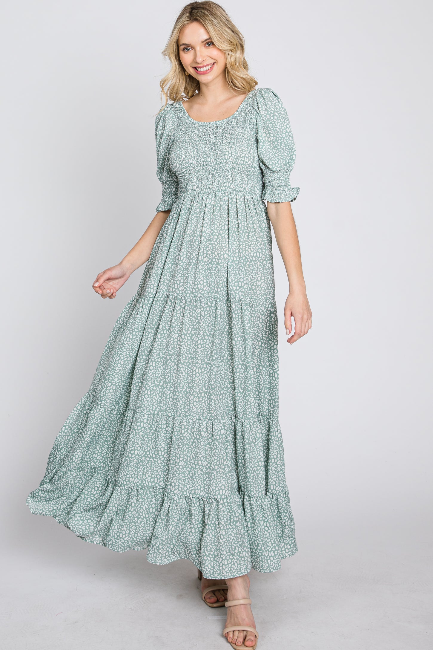 Mint Animal Print Smocked Tiered Maxi Dress