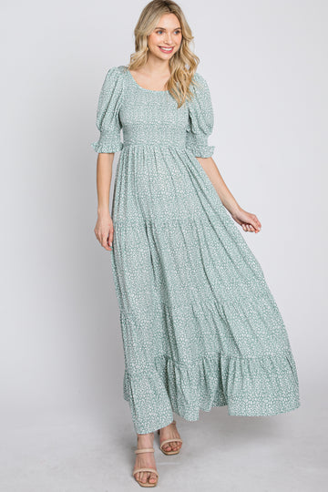 Mint Animal Print Smocked Tiered Maxi Dress