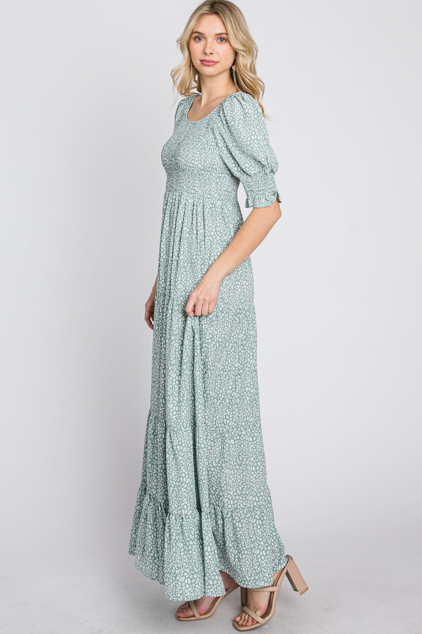 Mint Animal Print Smocked Tiered Maxi Dress