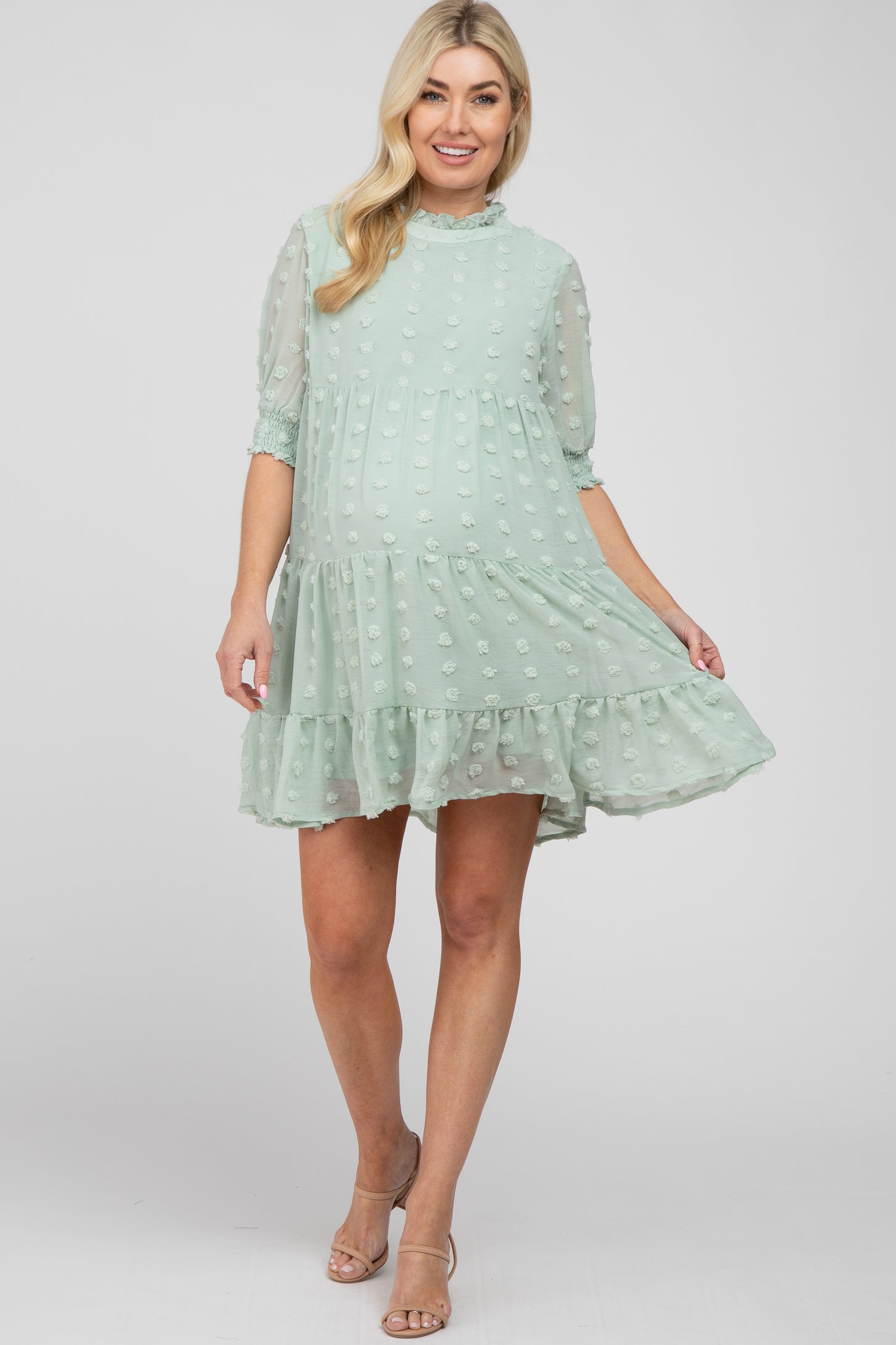 Mint Swiss Dot Tiered Maternity Dress