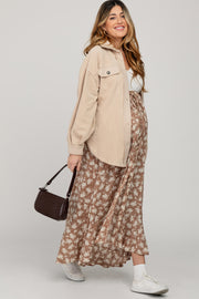 Taupe Fleece Button Down Oversized Maternity Jacket