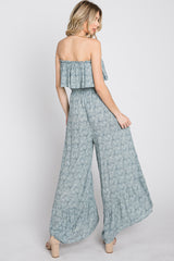 Blue Floral Strapless Ruffle Hem Jumpsuit