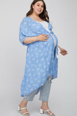 Light Blue Floral Tie Front Maternity Plus Cover Up
