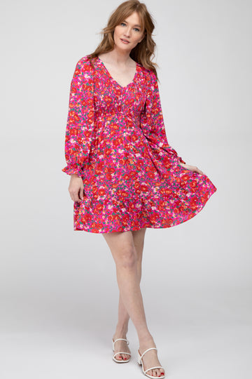 Fuchsia Floral Smocked Front Ruffle Trim Dress