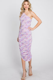 Lavender Floral Ruched Asymmetrical One Shoulder Dress