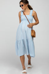 Light Blue Square Neck Smocked Maternity Midi Dress