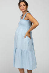 Light Blue Square Neck Smocked Maternity Midi Dress