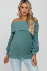 Light Teal Brushed Off Shoulder Fitted Maternity Top