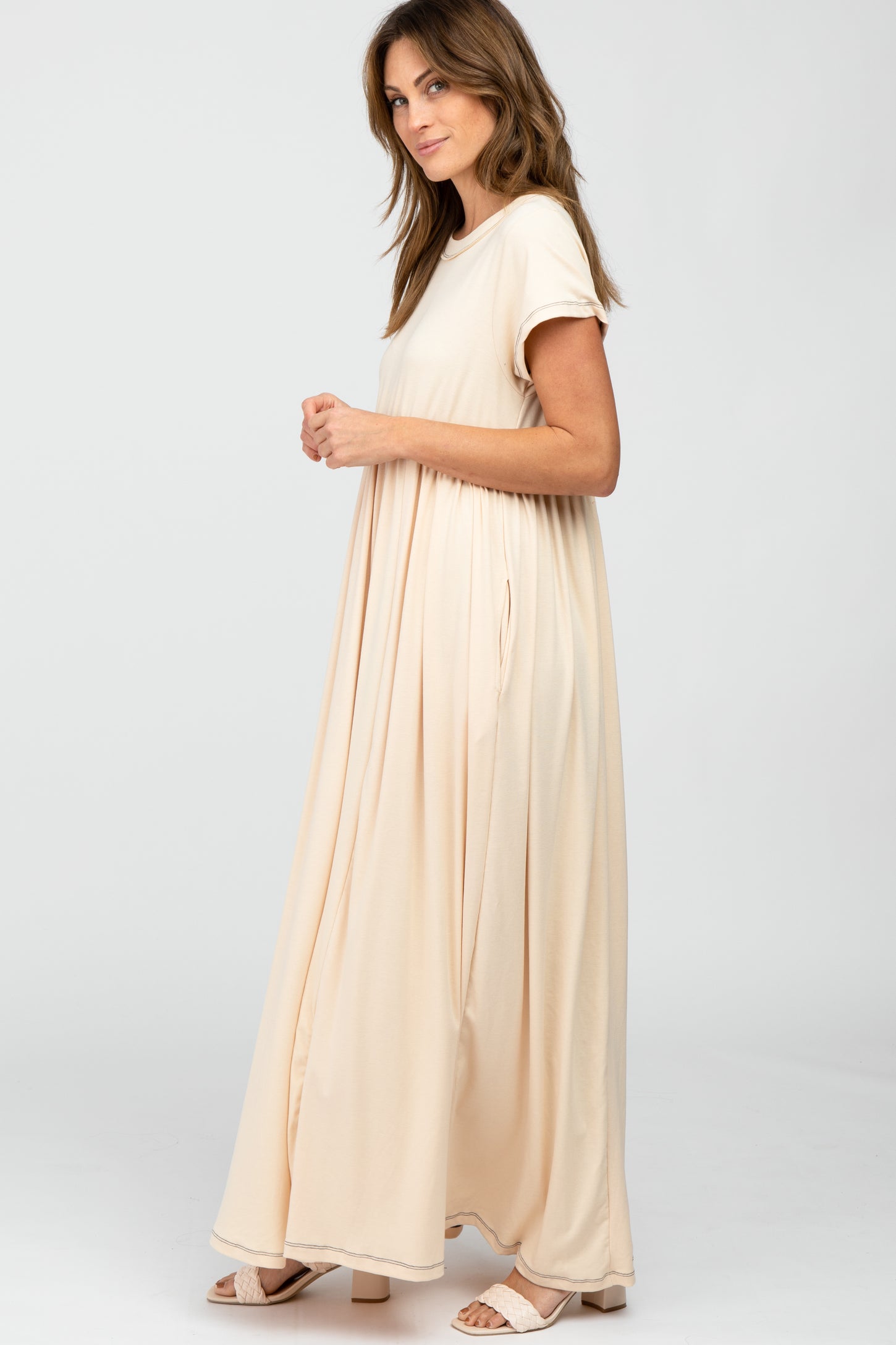 Beige Short Sleeve Babydoll Maxi Dress PinkBlush Beige Short Sleeve Babydoll Maxi Dress PinkBlush