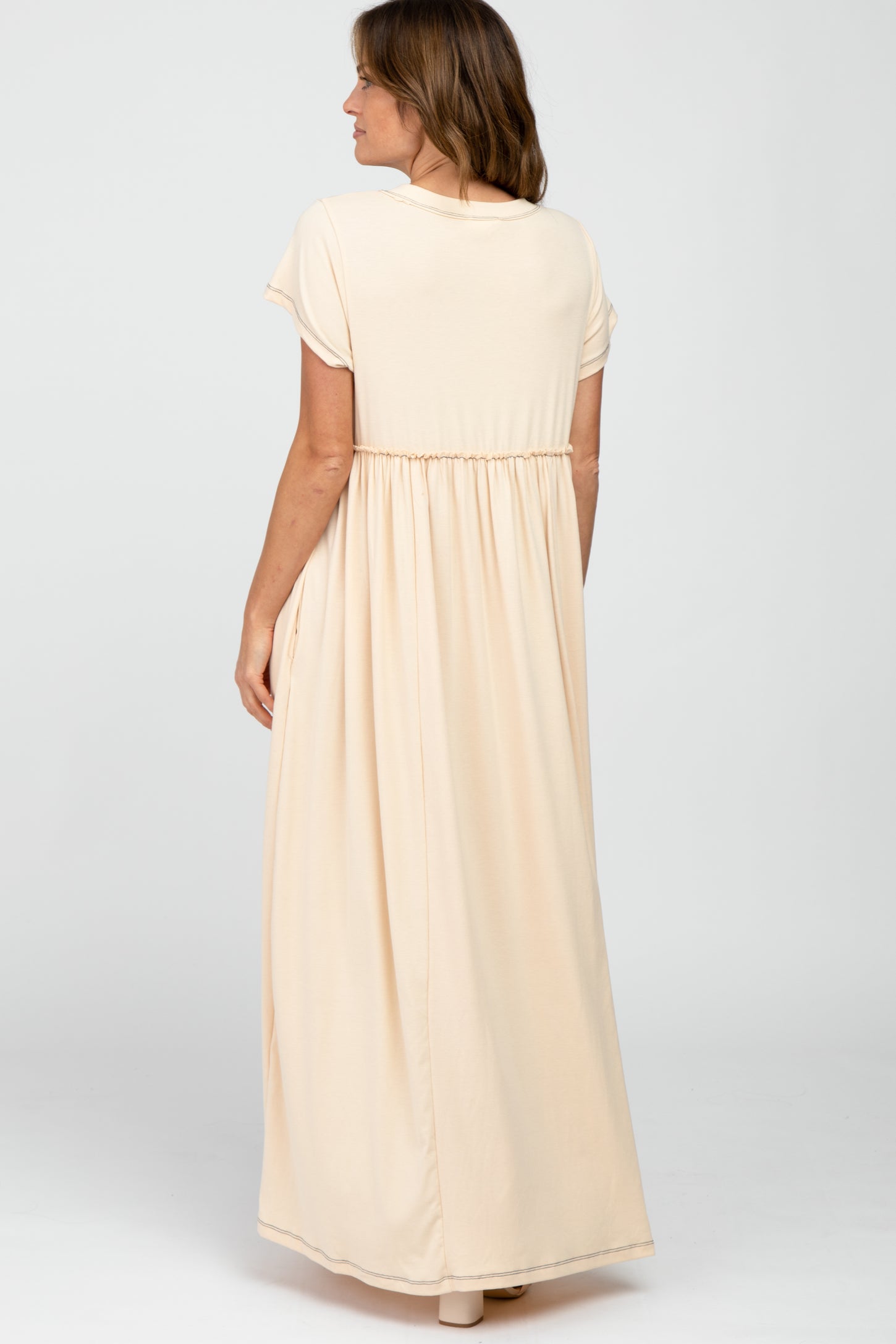Beige Short Sleeve Babydoll Maxi Dress PinkBlush Beige Short Sleeve Babydoll Maxi Dress PinkBlush