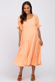 Peach Puff Sleeve Tiered Maternity Midi Dress