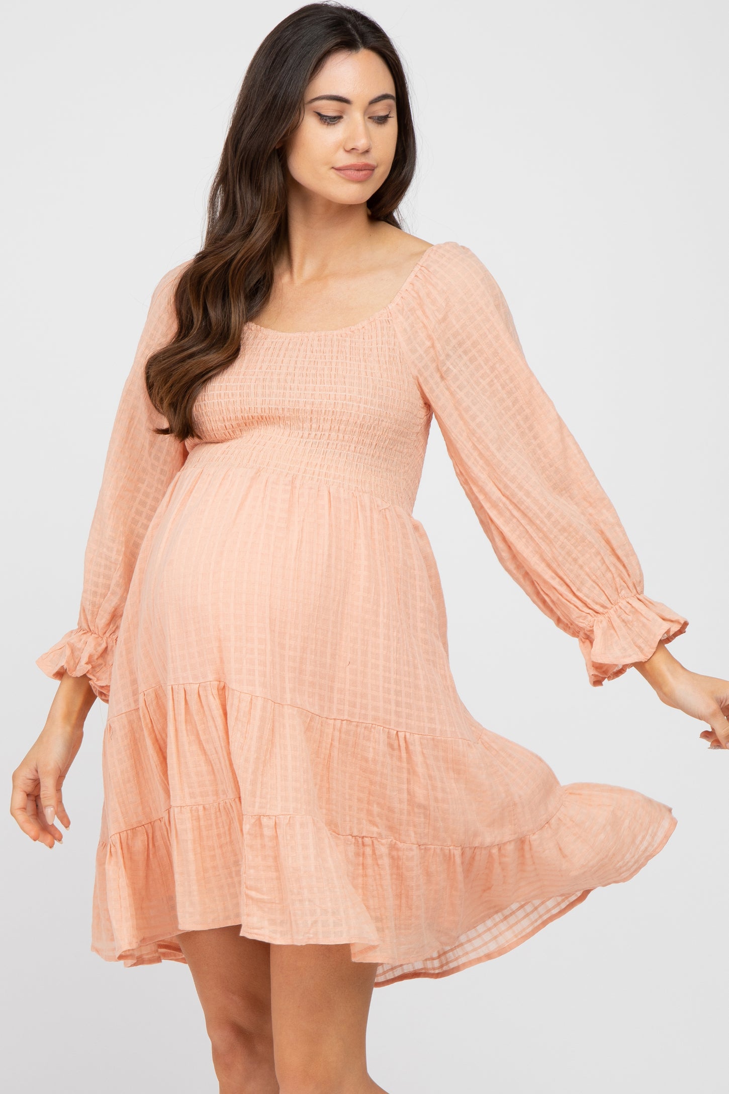 Peach Smocked Tiered 3/4 Ruffle Sleeve Maternity Dress