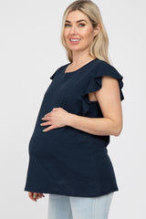 Navy Blue Ruffle Sleeve Maternity Top