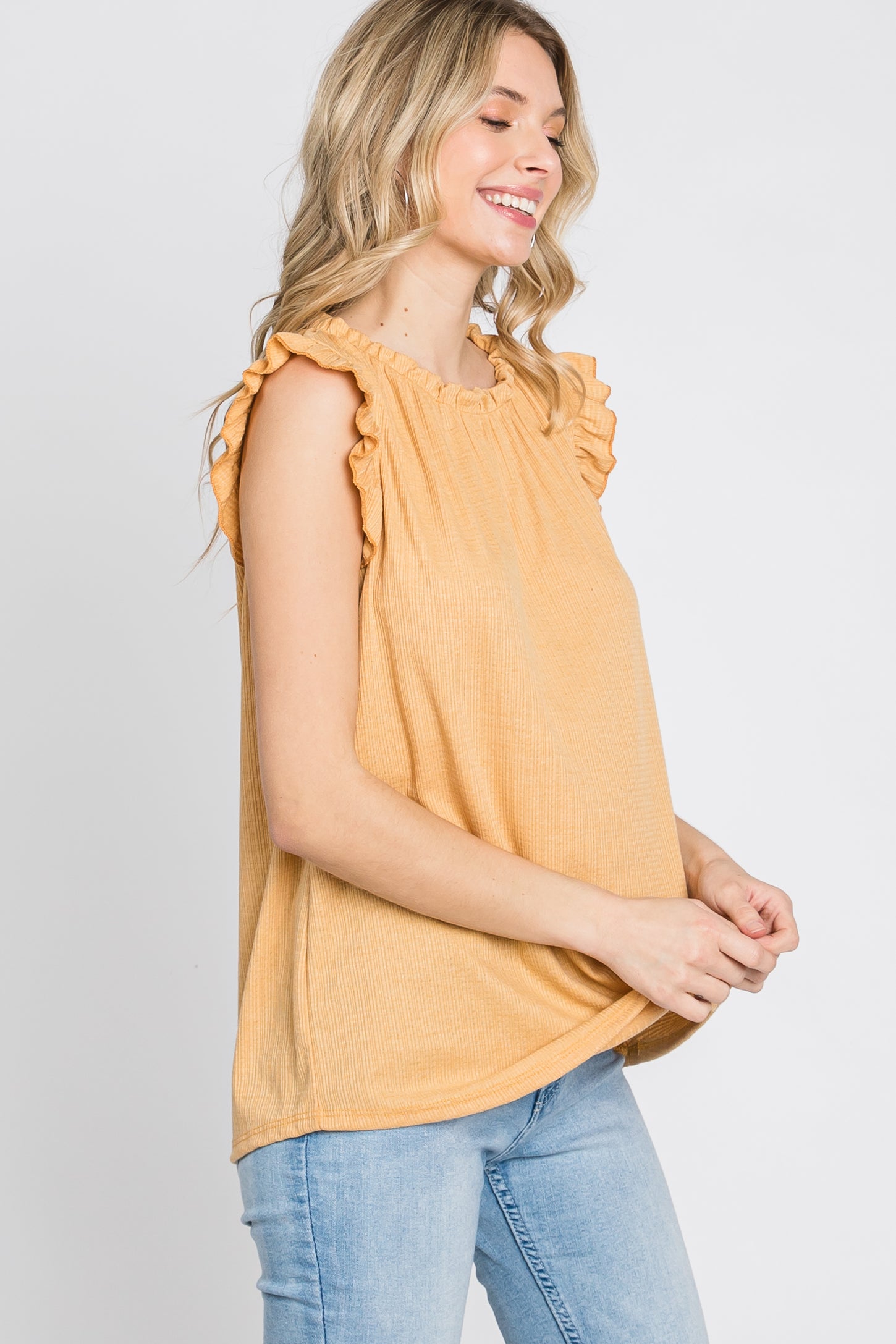 Yellow Ruffle Accent High Neck Top
