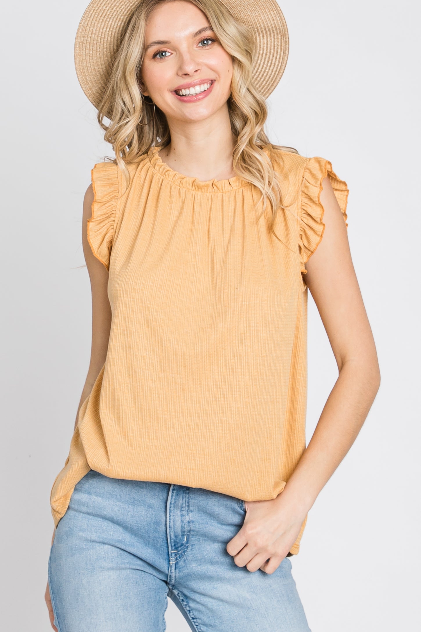 Yellow Ruffle Accent High Neck Top