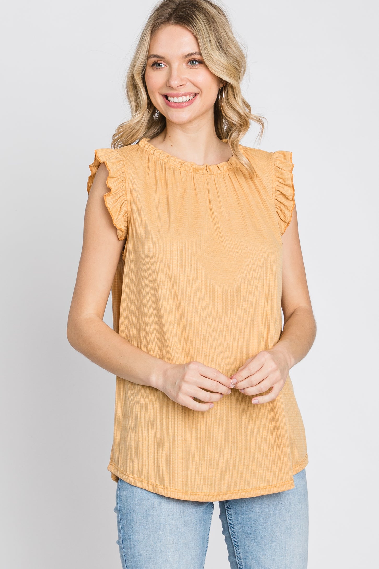 Yellow Ruffle Accent High Neck Top