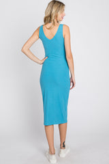Aqua Sleeveless Ribbed Knit Fitted Dress