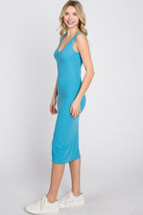Aqua Sleeveless Ribbed Knit Fitted Dress