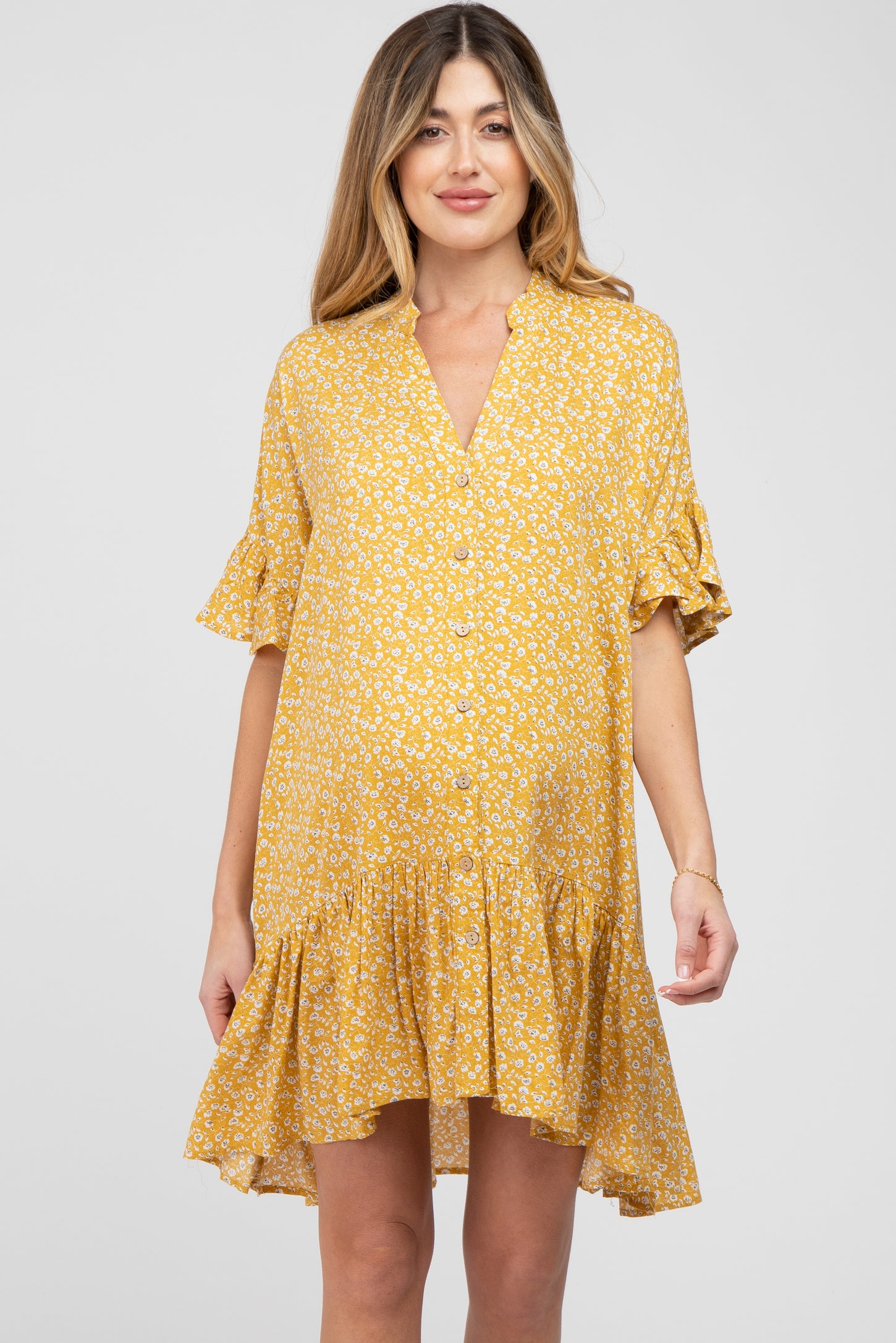 Yellow Floral Ruffle Hi- Lo Hem Maternity Mini Dress